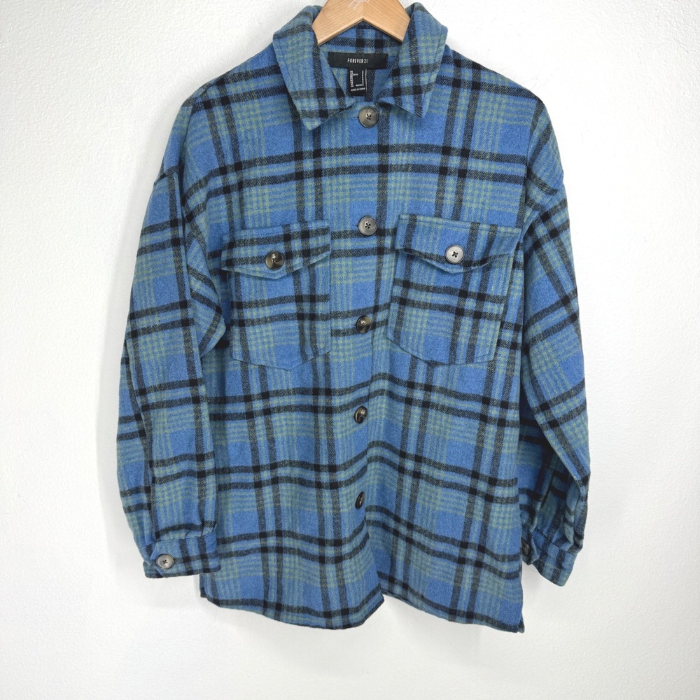 Forever 21 Thick Plaid Wool Shacket Jacket Size S Blue Oversized Flannel Utility